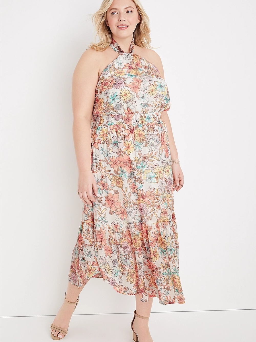Plus Size Front Twist Floral Halter Midi Dress
